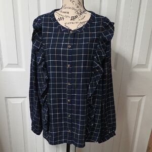 NWOT Sonoma Navy, White, Yellow Plaid Shirt with Gold Metallic Threads XXL